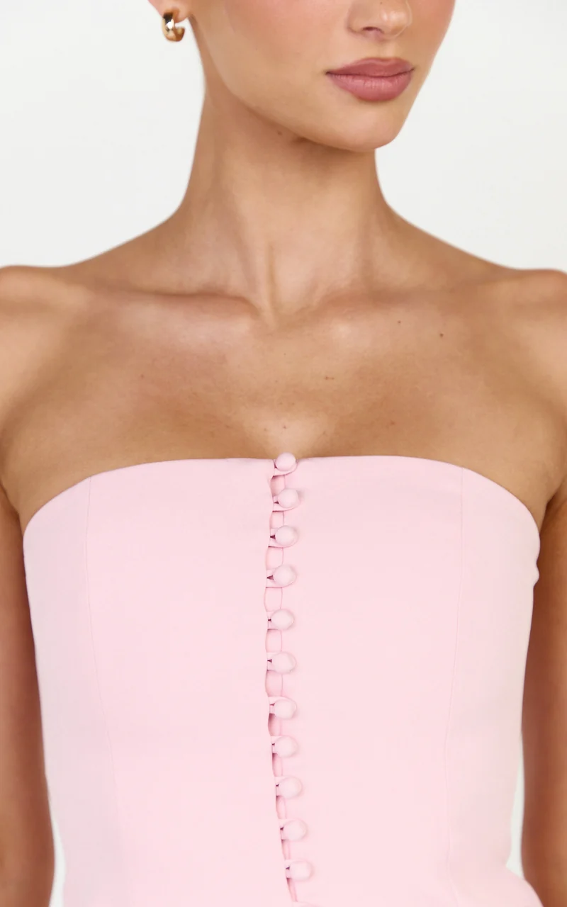 Amelia Two Piece Top and Pant Set - Strapless Button Down Top And Tailored Wide Leg Pants Set in Pink