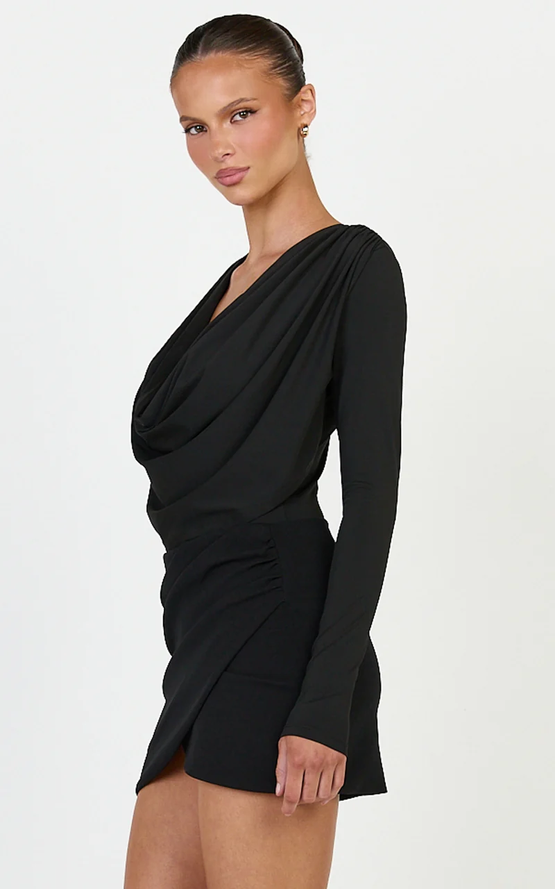 Cosette Mini Skirt - Mid Rise Wrap Detail Fitted Skirt in Black