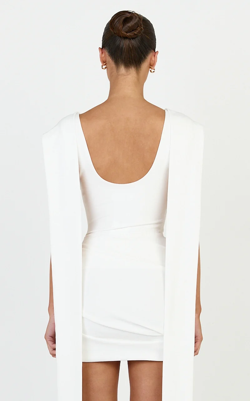 Cosette Mini Dress - Draped Sash Side Ruched Dress in White