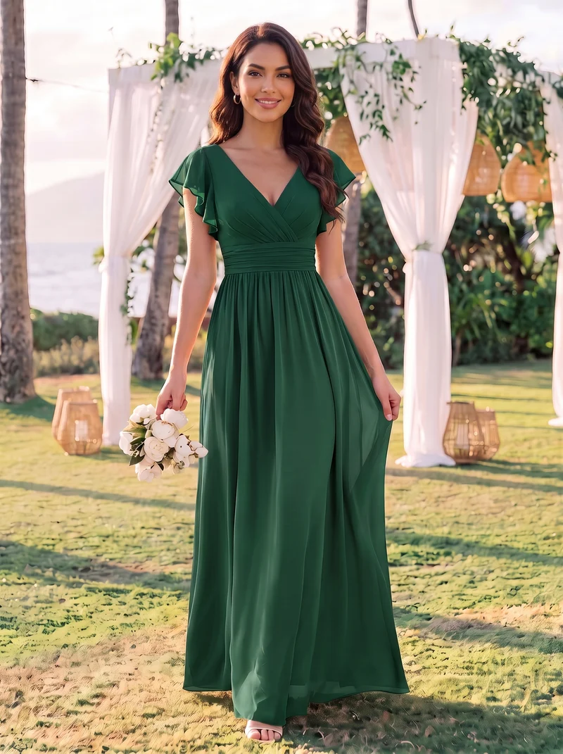 ever LILYANA|Robe demoiselle d'honneur en mousseline manches plissées avec découpe au dos