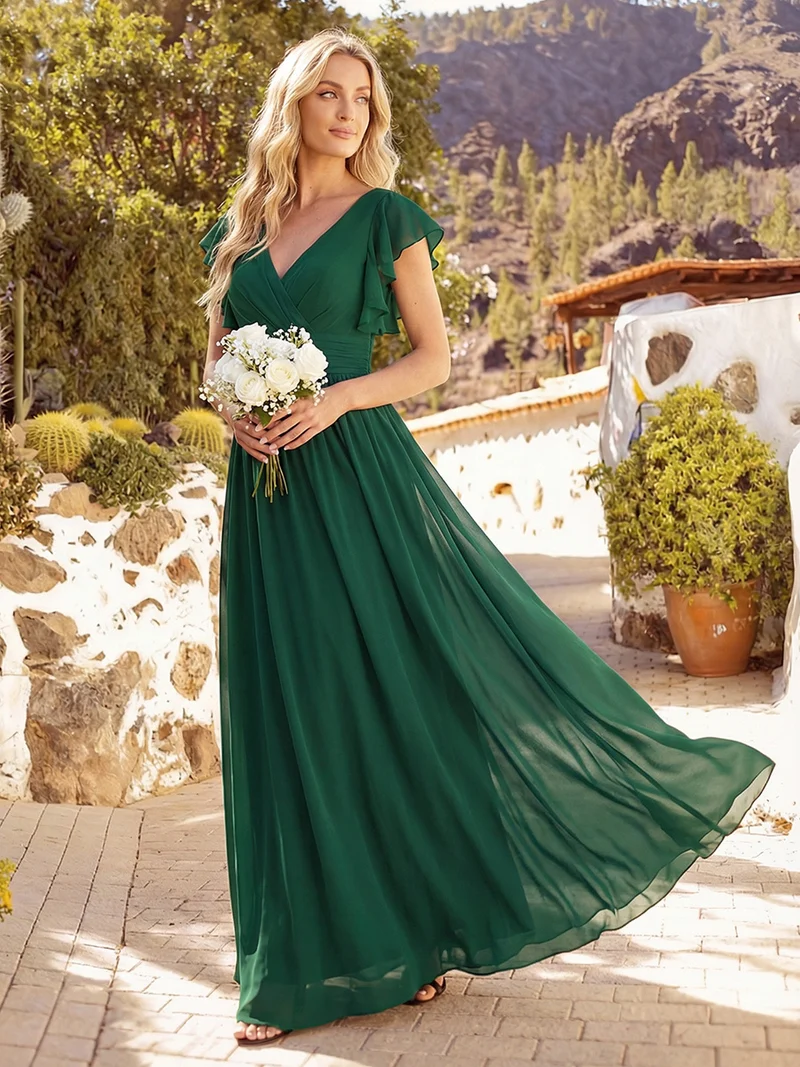 ever LILYANA|Robe demoiselle d'honneur en mousseline manches plissées avec découpe au dos