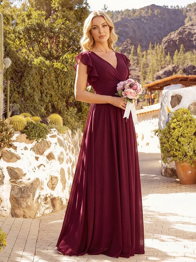 ever LILYANA|Robe demoiselle d'honneur en mousseline manches plissées avec découpe au dos