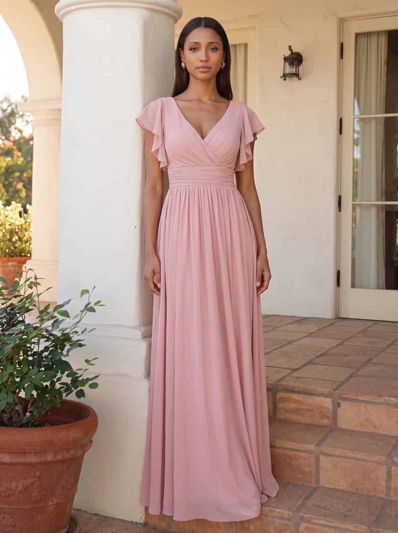 ever LILYANA|Robe demoiselle d'honneur en mousseline manches plissées avec découpe au dos