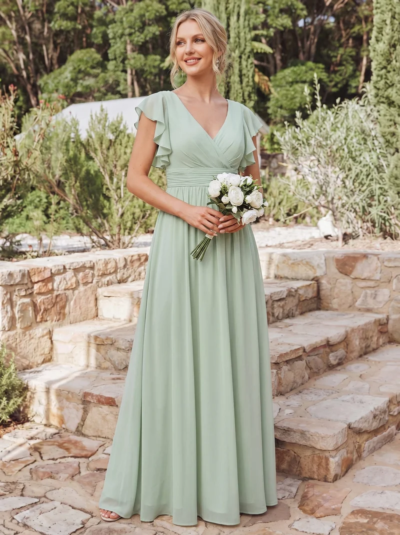ever LILYANA|Robe demoiselle d'honneur en mousseline manches plissées avec découpe au dos