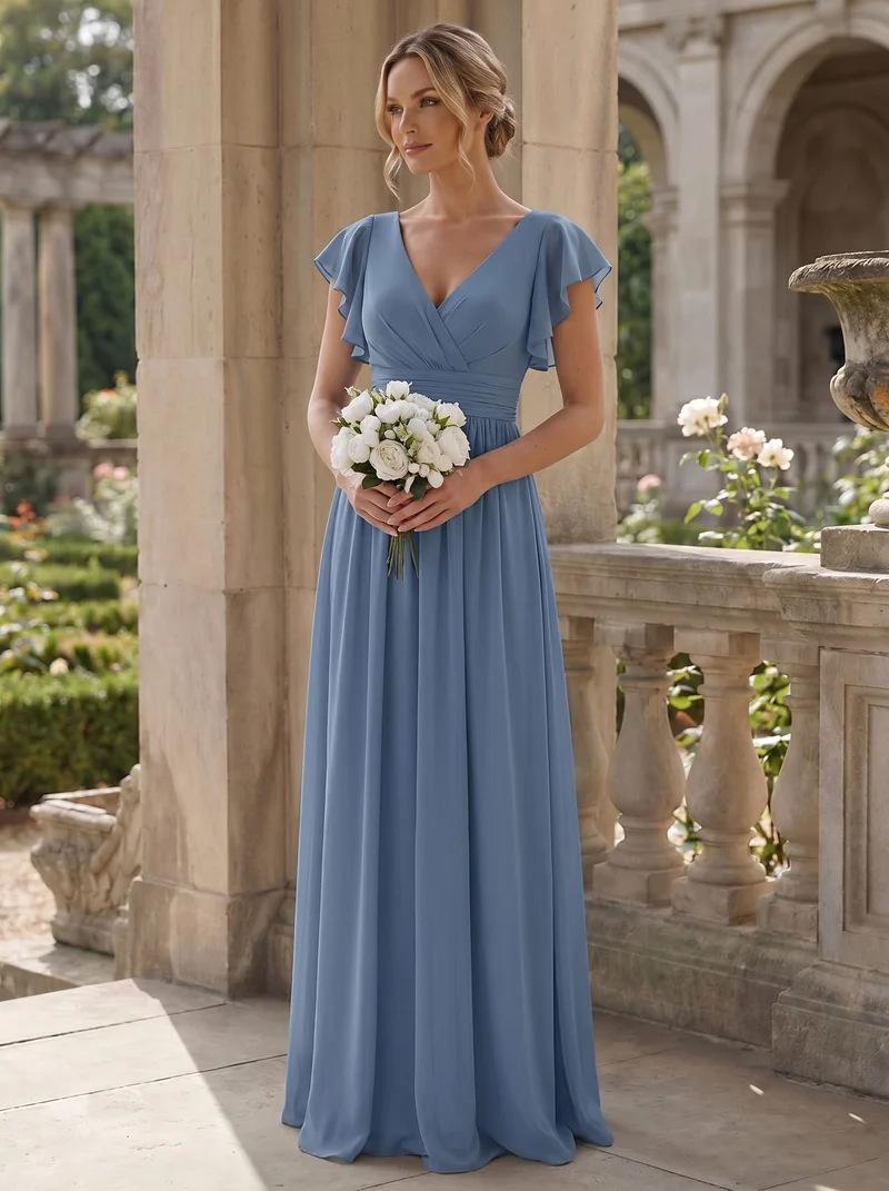 ever LILYANA|Robe demoiselle d'honneur en mousseline manches plissées avec découpe au dos