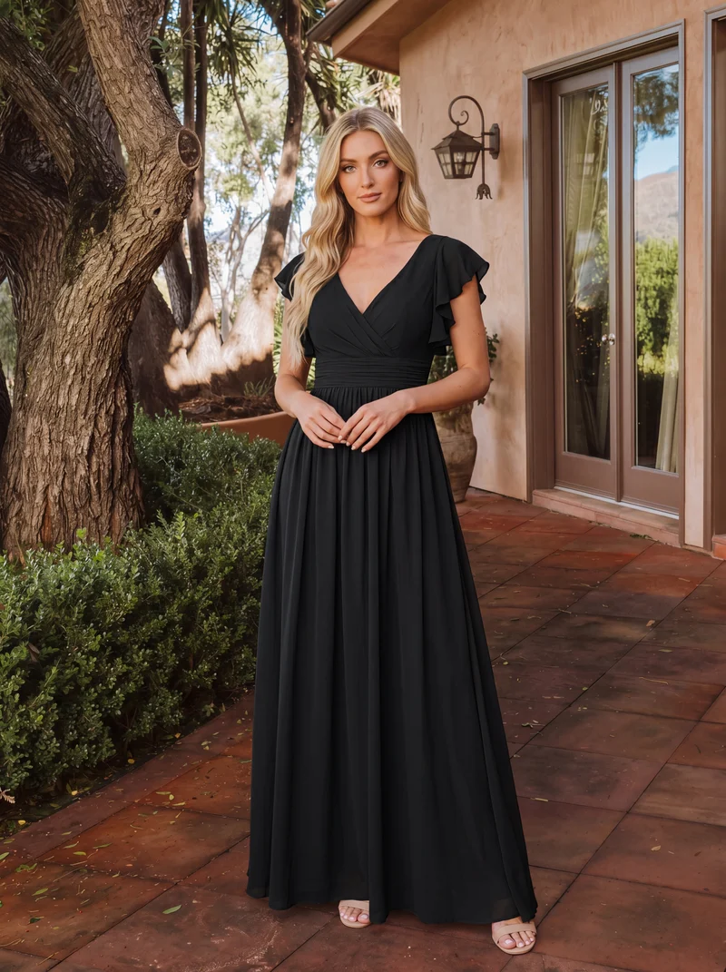 ever LILYANA|Robe demoiselle d'honneur en mousseline manches plissées avec découpe au dos