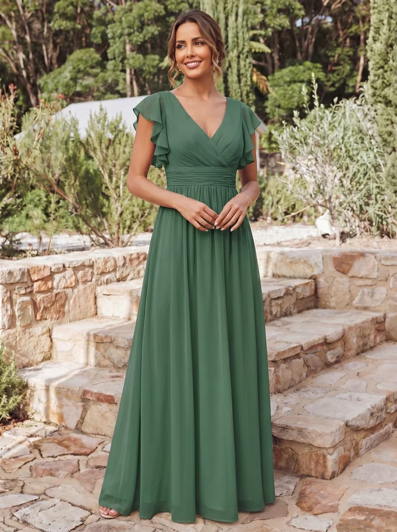 ever LILYANA|Robe demoiselle d'honneur en mousseline manches plissées avec découpe au dos