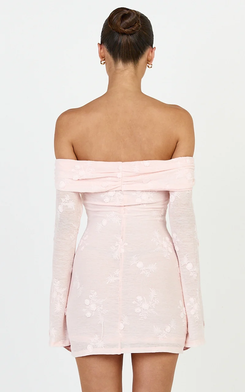 Raymond Mini Dress - Off Shoulder Long Sleeve Fitted Dress in Pink