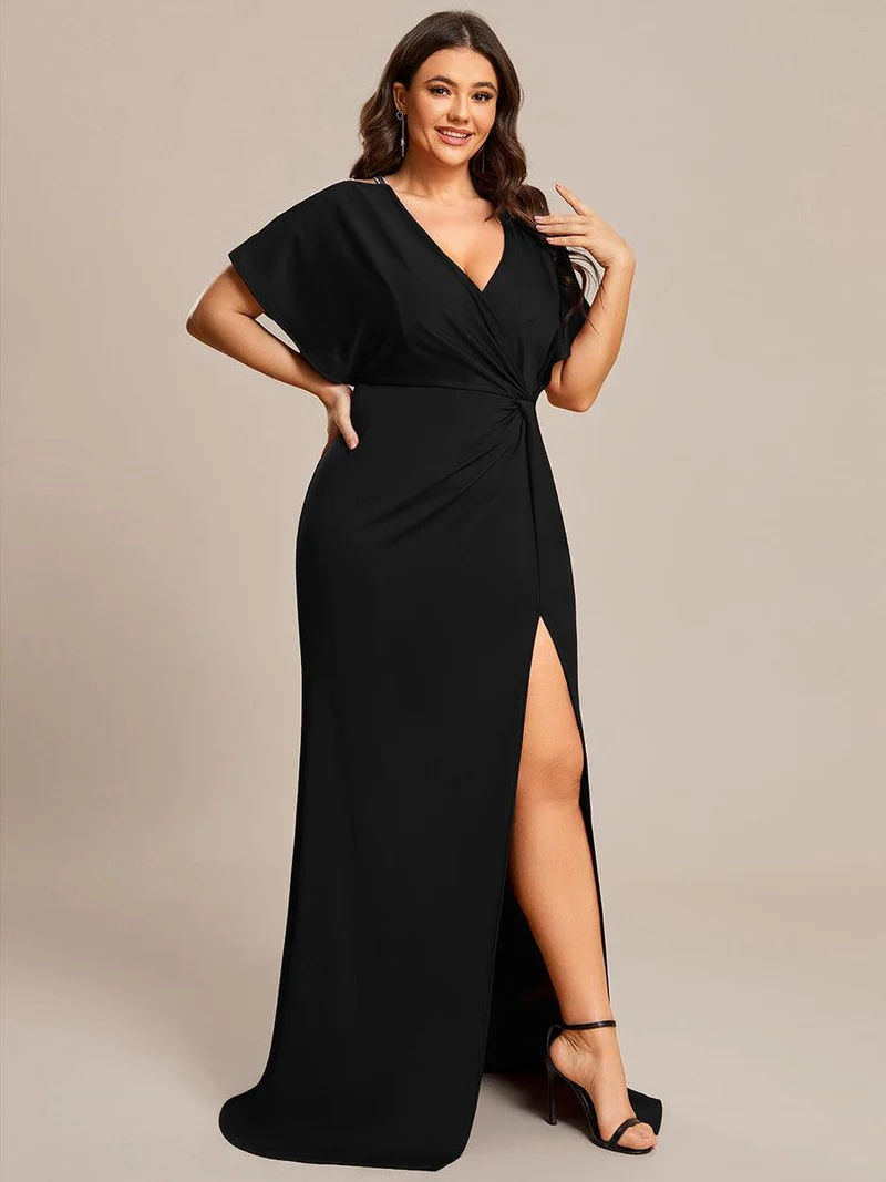ever LYN|Robe de soirée Col en V Manches longues Plissées et Fendues(Vente finale)