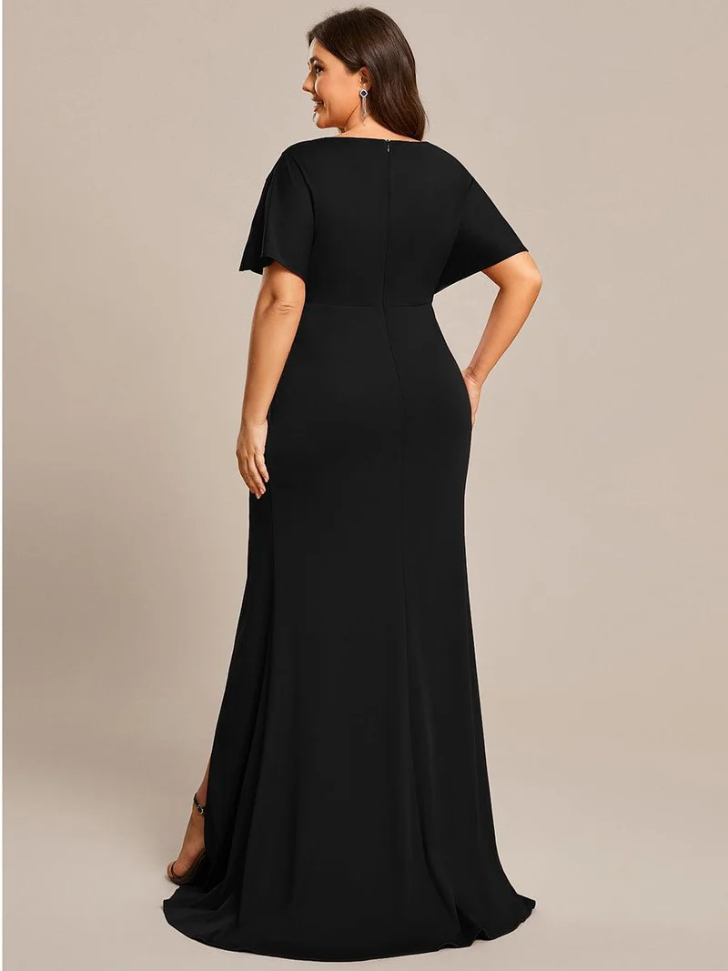 ever LYN|Robe de soirée Col en V Manches longues Plissées et Fendues(Vente finale)