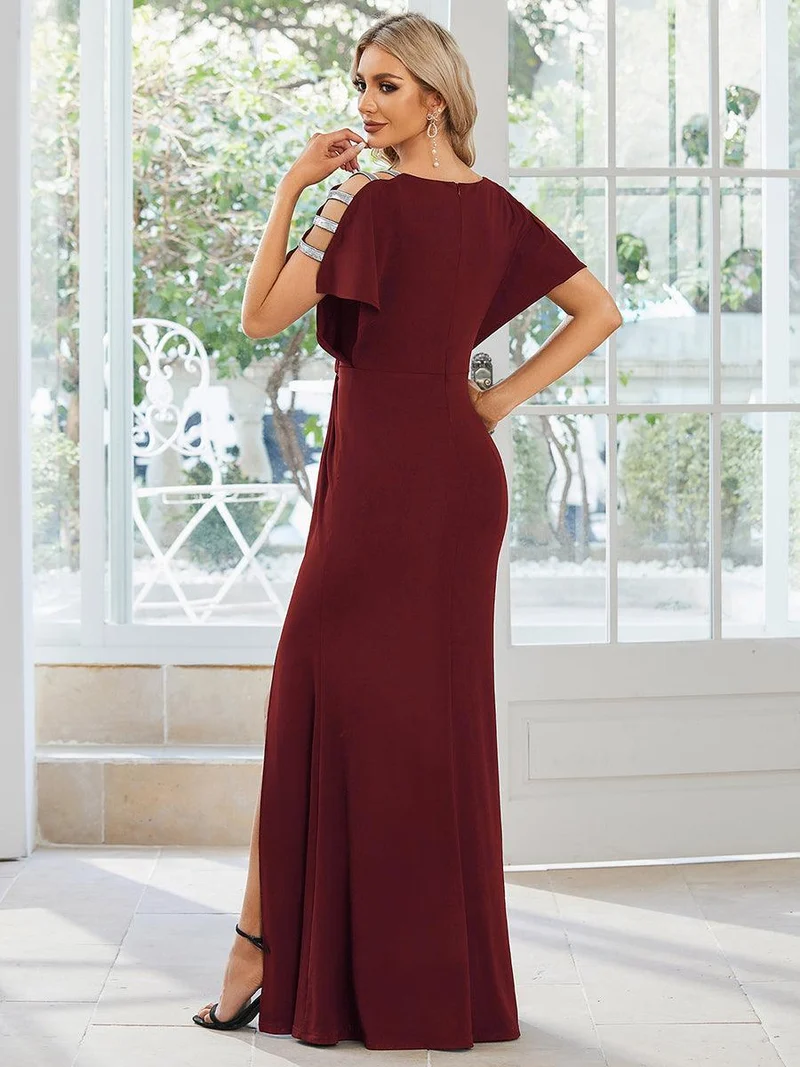 ever LYN|Robe de soirée Col en V Manches longues Plissées et Fendues(Vente finale)