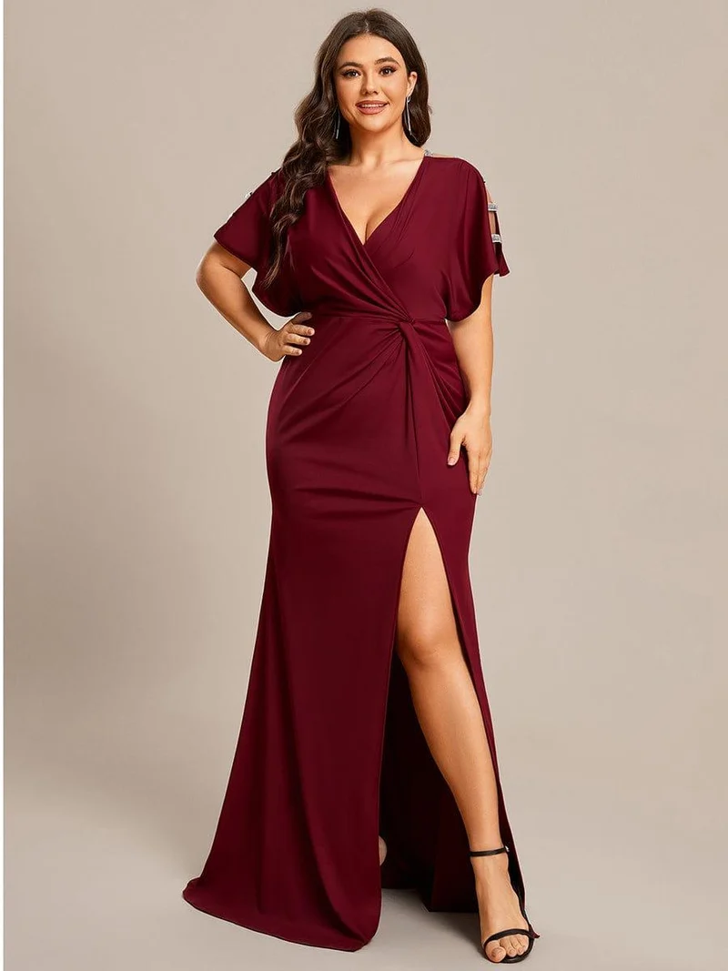 ever LYN|Robe de soirée Col en V Manches longues Plissées et Fendues(Vente finale)
