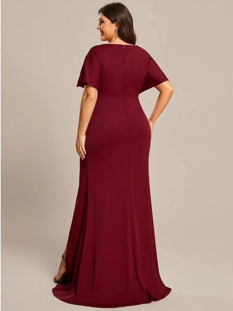 ever LYN|Robe de soirée Col en V Manches longues Plissées et Fendues(Vente finale)