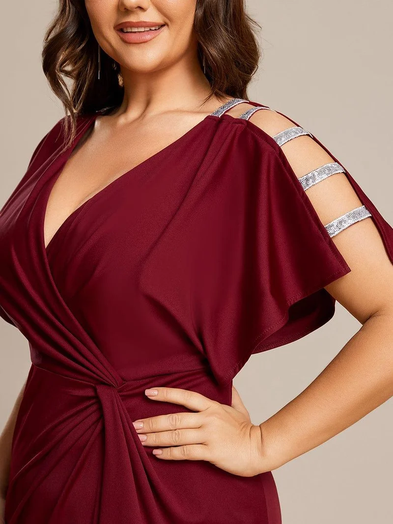 ever LYN|Robe de soirée Col en V Manches longues Plissées et Fendues(Vente finale)