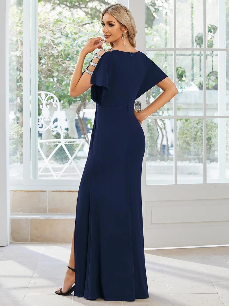 ever LYN|Robe de soirée Col en V Manches longues Plissées et Fendues(Vente finale)