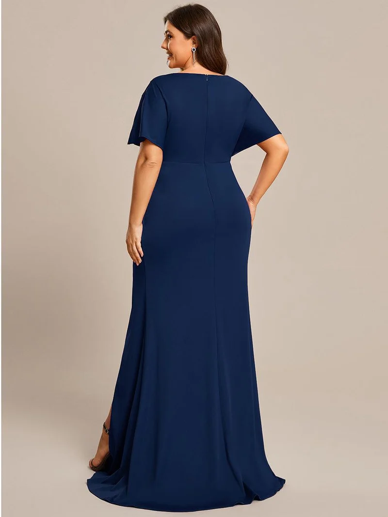ever LYN|Robe de soirée Col en V Manches longues Plissées et Fendues(Vente finale)