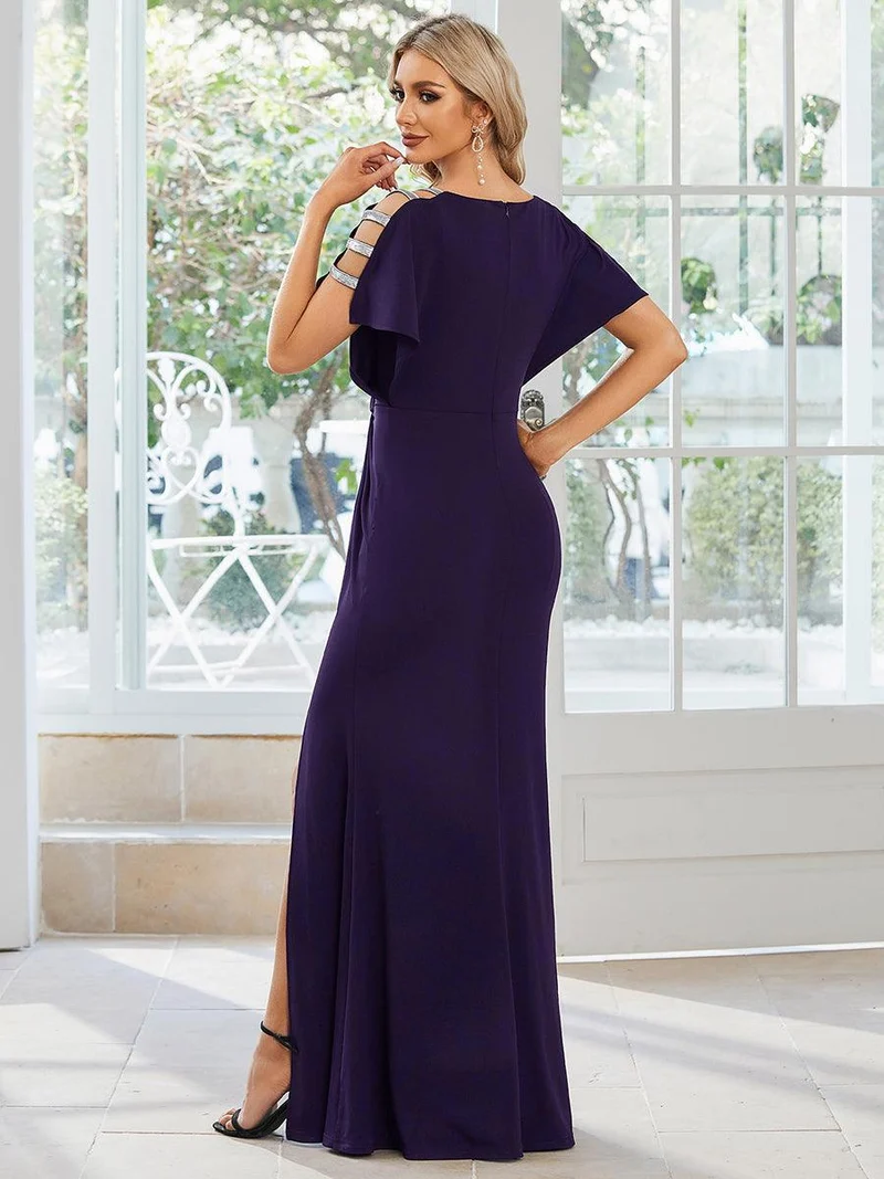 ever LYN|Robe de soirée Col en V Manches longues Plissées et Fendues(Vente finale)