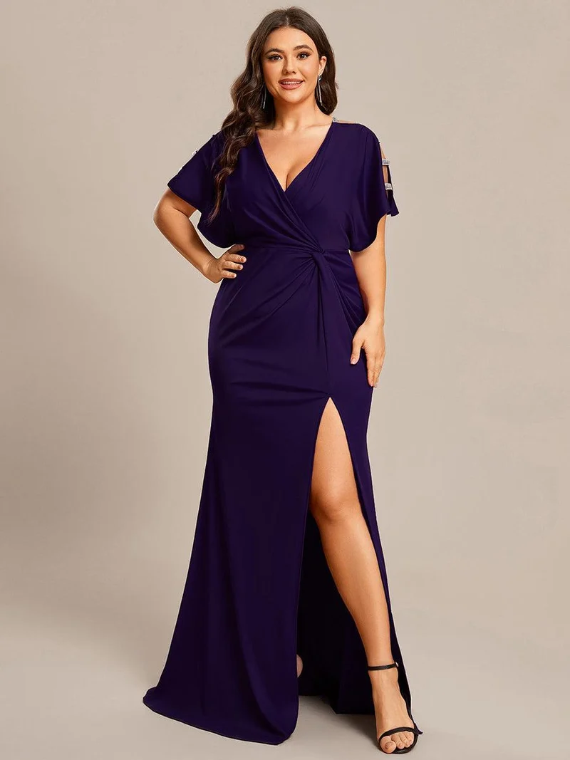 ever LYN|Robe de soirée Col en V Manches longues Plissées et Fendues(Vente finale)