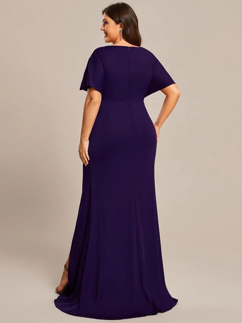 ever LYN|Robe de soirée Col en V Manches longues Plissées et Fendues(Vente finale)