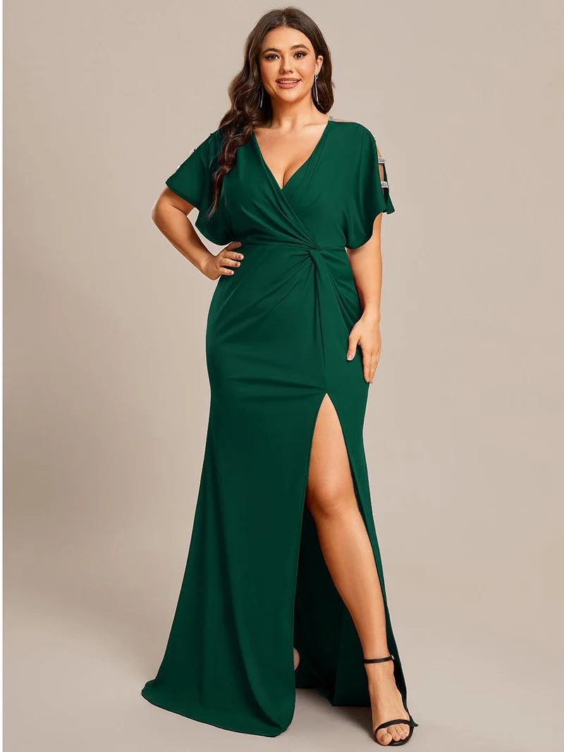 ever LYN|Robe de soirée Col en V Manches longues Plissées et Fendues(Vente finale)