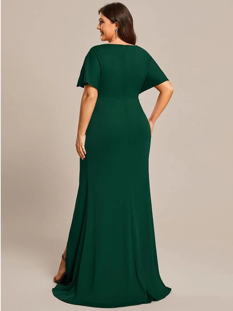 ever LYN|Robe de soirée Col en V Manches longues Plissées et Fendues(Vente finale)