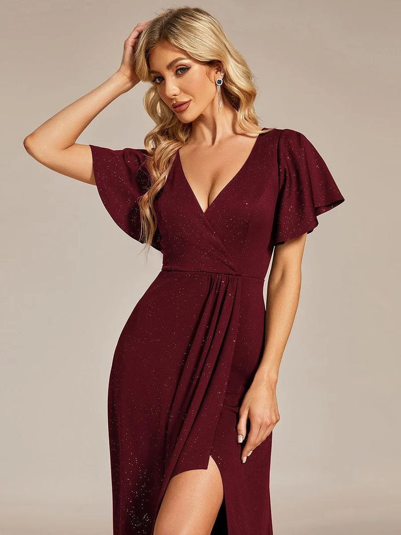 ever MELODÉ|Robe de Soirée élégante à paillettes décolleté en V profond fente sur le devant (Vente Finale)
