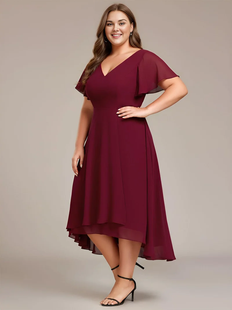 ever AALIA|Robe Mariage Invitée haute-basse mousseline col en V Manches à volants