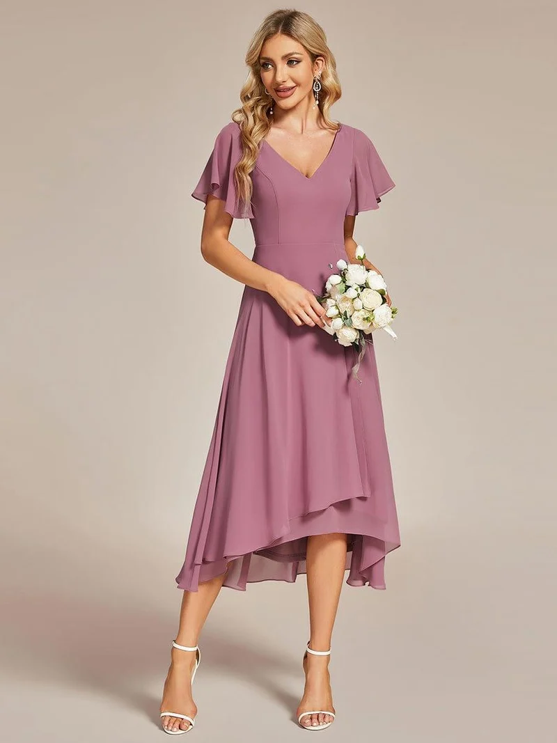 ever AALIA|Robe Mariage Invitée haute-basse mousseline col en V Manches à volants
