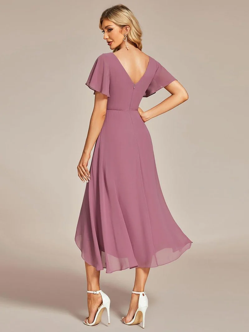 ever AALIA|Robe Mariage Invitée haute-basse mousseline col en V Manches à volants