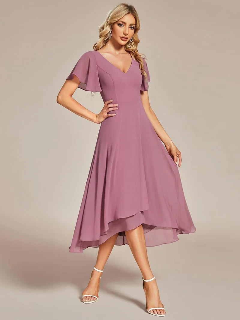 ever AALIA|Robe Mariage Invitée haute-basse mousseline col en V Manches à volants