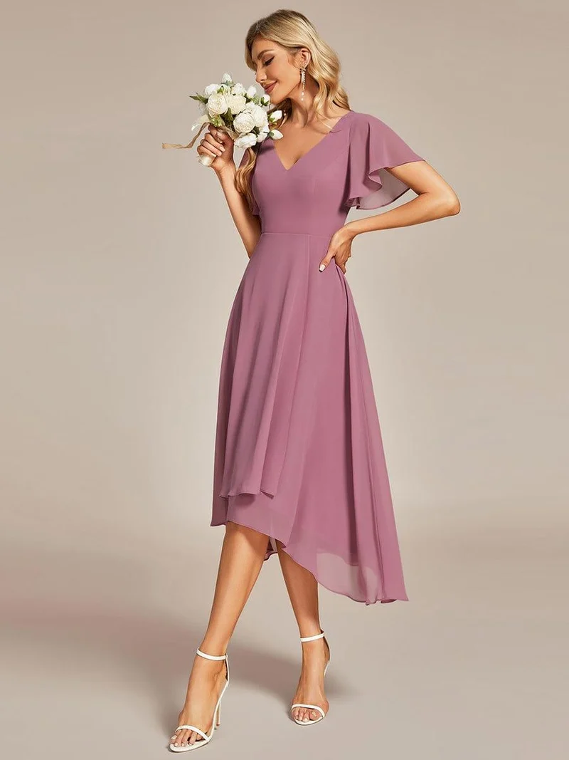 ever AALIA|Robe Mariage Invitée haute-basse mousseline col en V Manches à volants