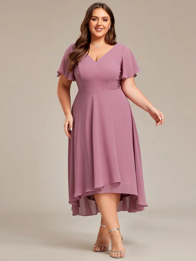 ever AALIA|Robe Mariage Invitée haute-basse mousseline col en V Manches à volants