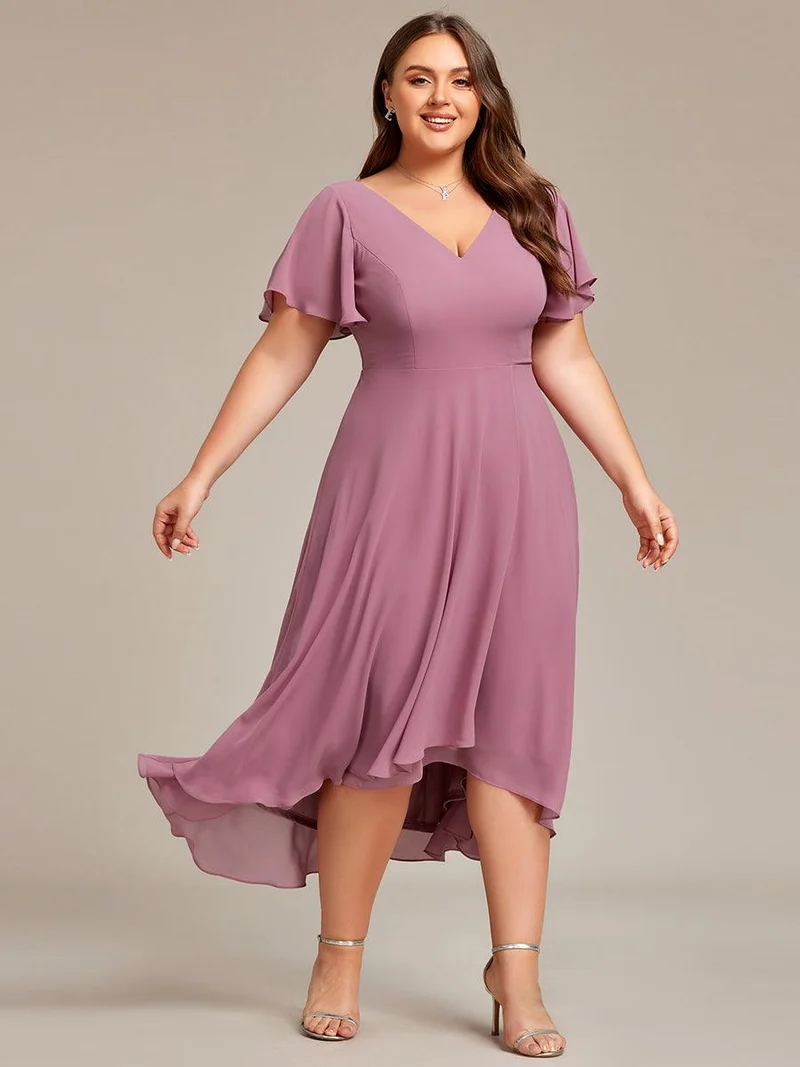 ever AALIA|Robe Mariage Invitée haute-basse mousseline col en V Manches à volants