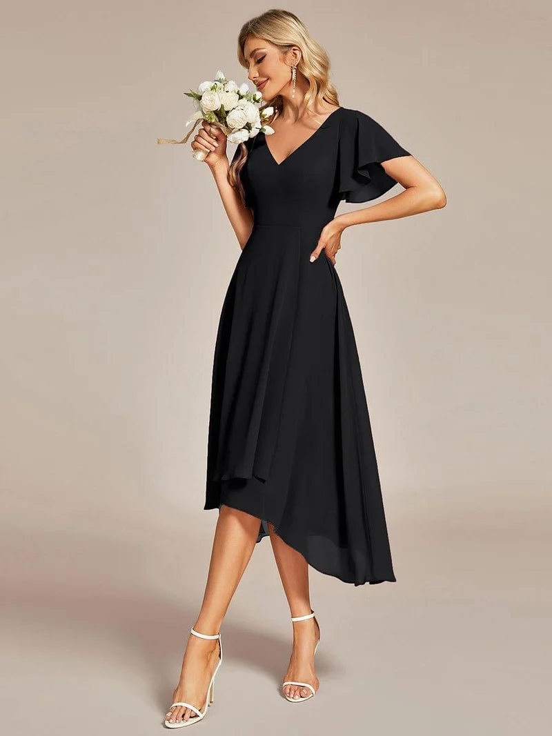 ever AALIA|Robe Mariage Invitée haute-basse mousseline col en V Manches à volants