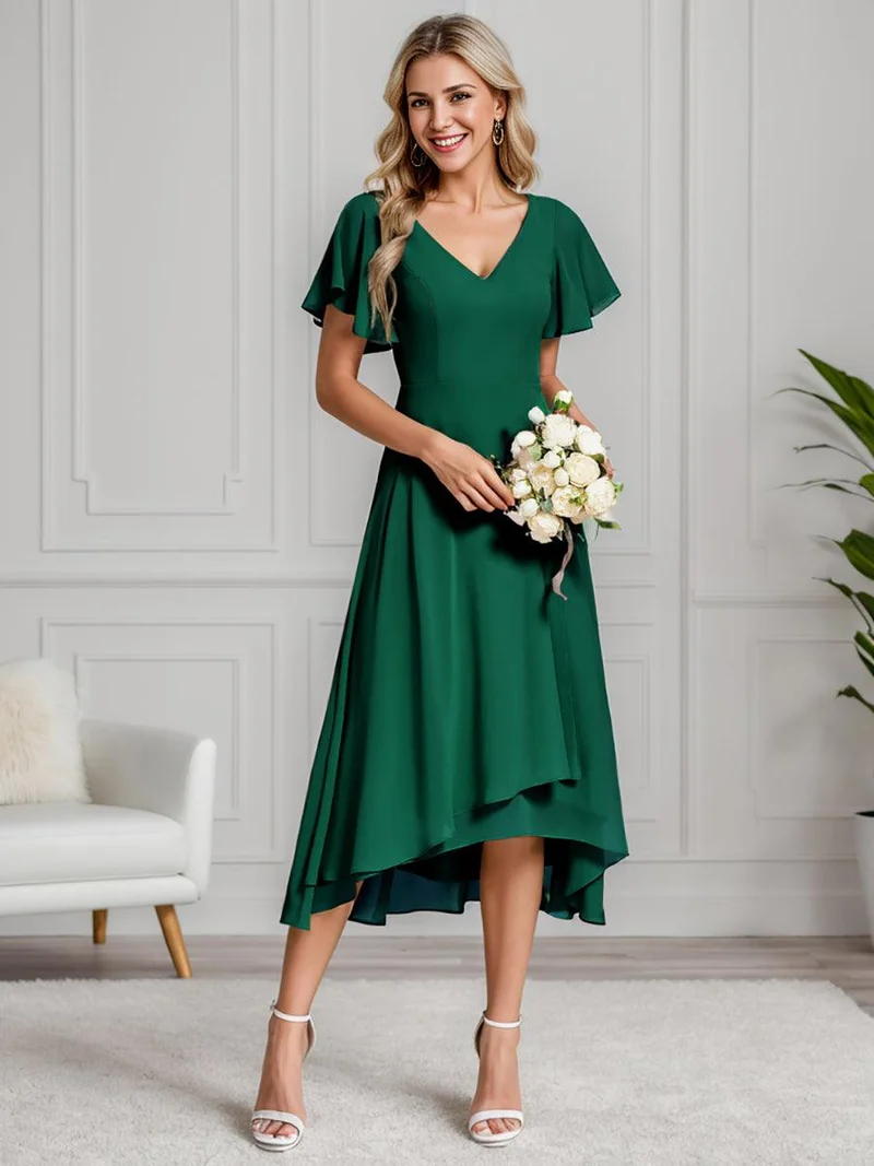 ever AALIA|Robe Mariage Invitée haute-basse mousseline col en V Manches à volants