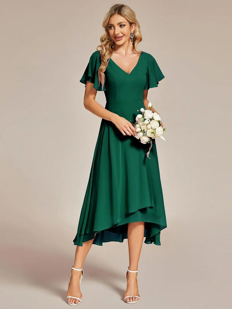 ever AALIA|Robe Mariage Invitée haute-basse mousseline col en V Manches à volants