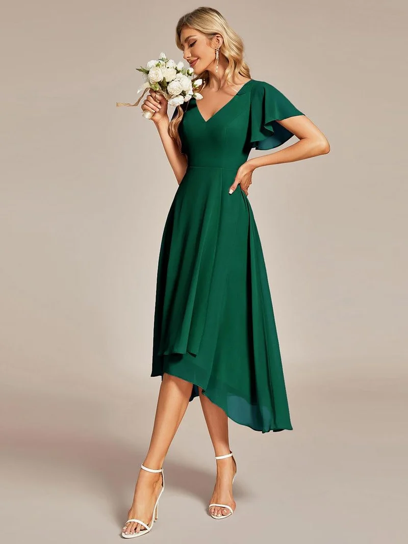 ever AALIA|Robe Mariage Invitée haute-basse mousseline col en V Manches à volants