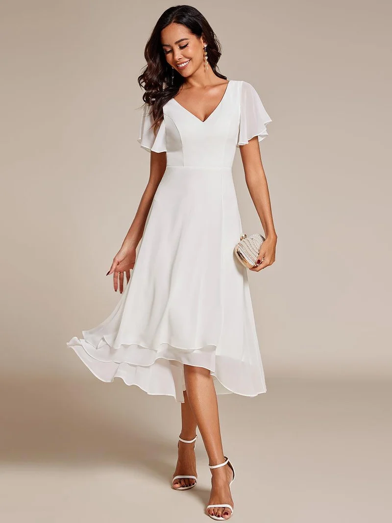 ever AALIA|Robe Mariage Invitée haute-basse mousseline col en V Manches à volants