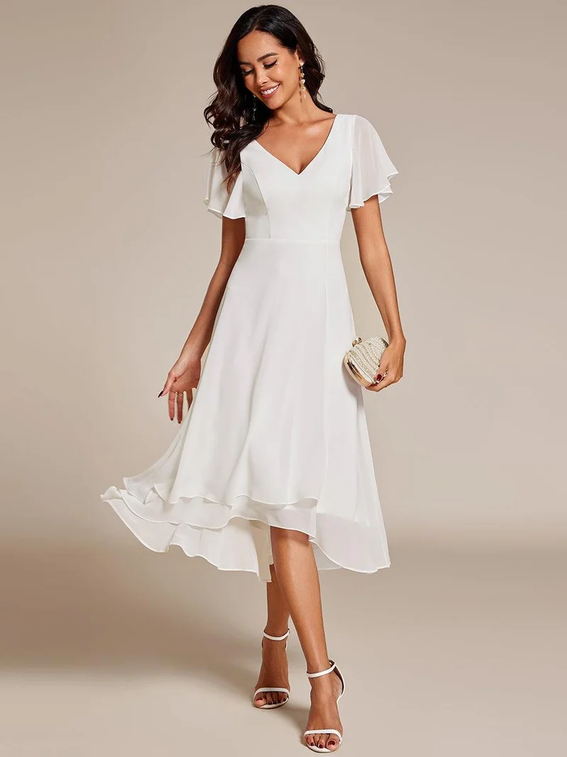 ever AALIA|Robe Mariage Invitée haute-basse mousseline col en V Manches à volants