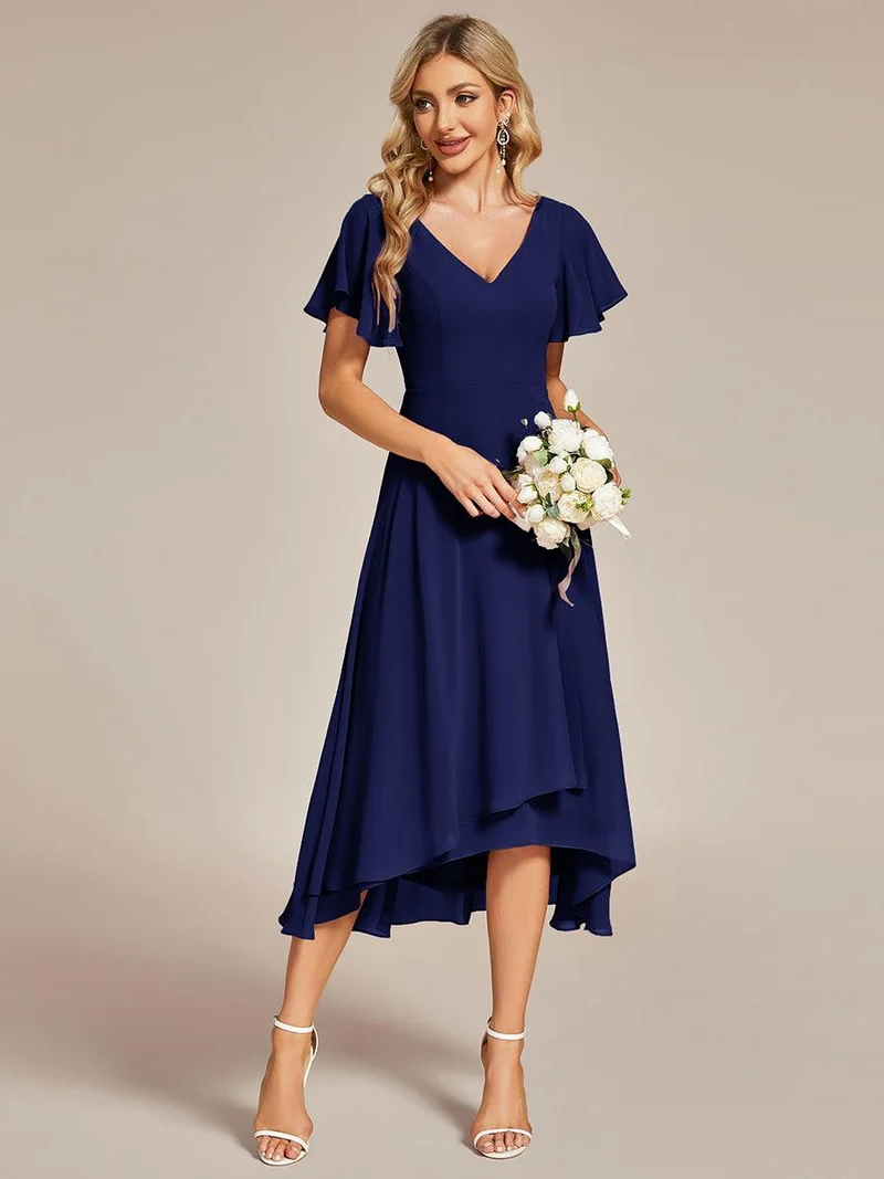 ever AALIA|Robe Mariage Invitée haute-basse mousseline col en V Manches à volants