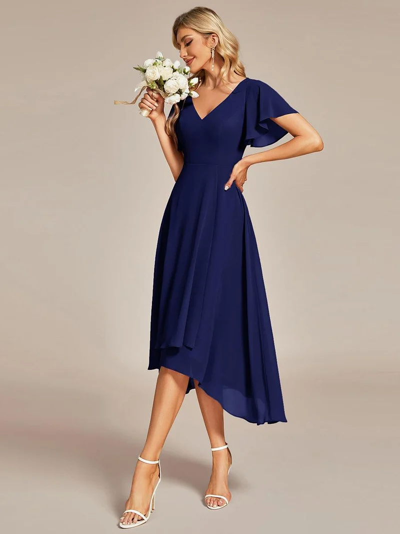 ever AALIA|Robe Mariage Invitée haute-basse mousseline col en V Manches à volants