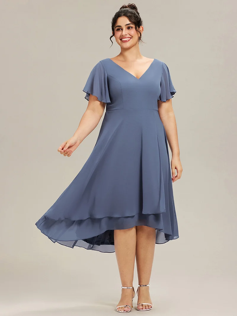 pretty AALIA|Robe d'invité de mariage en mousseline de soie grande taille avec col en V et manches à volants