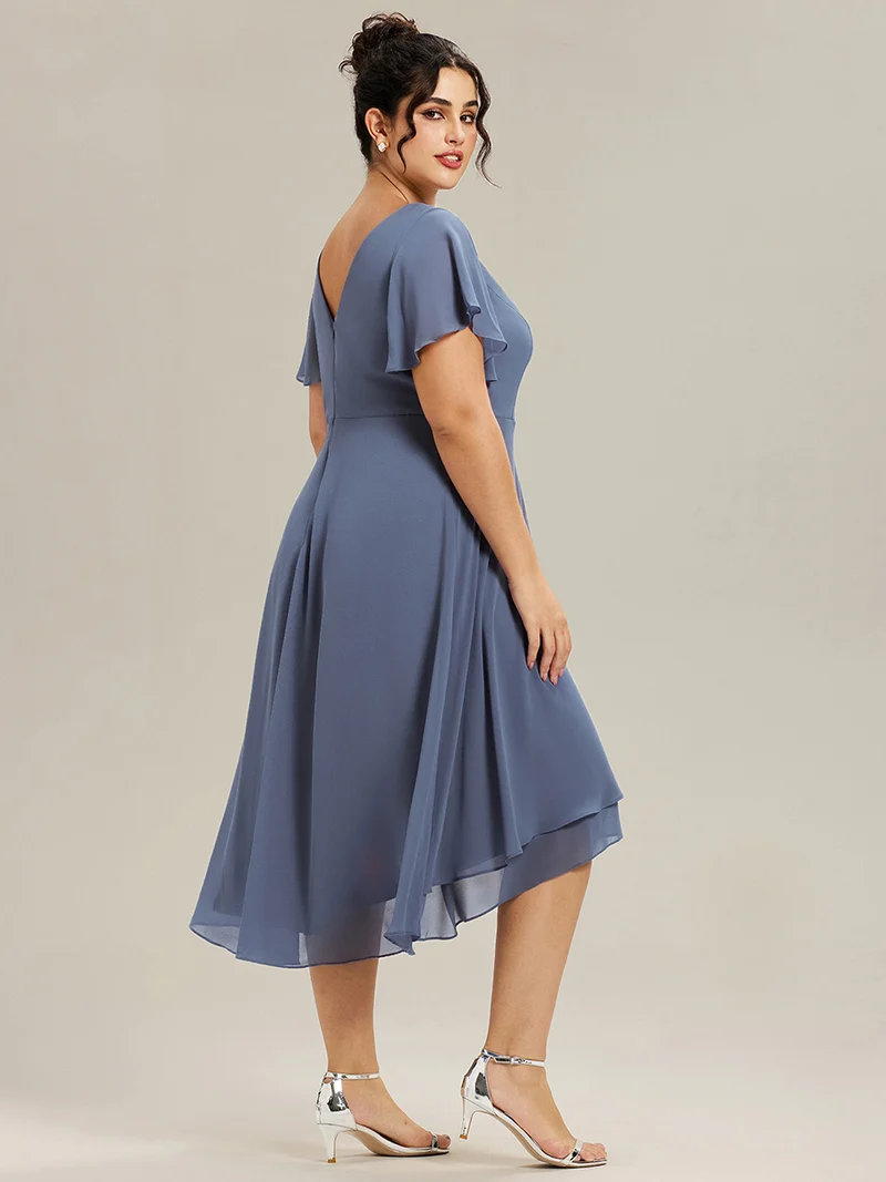 pretty AALIA|Robe d'invité de mariage en mousseline de soie grande taille avec col en V et manches à volants