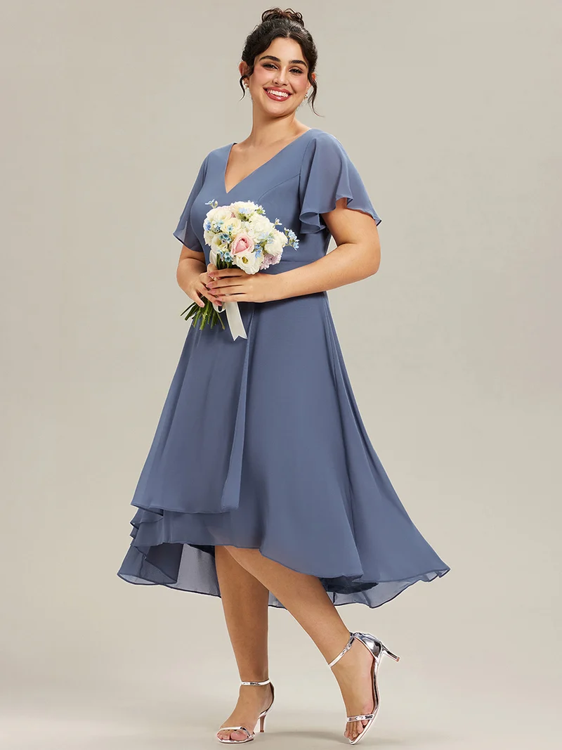 pretty AALIA|Robe d'invité de mariage en mousseline de soie grande taille avec col en V et manches à volants