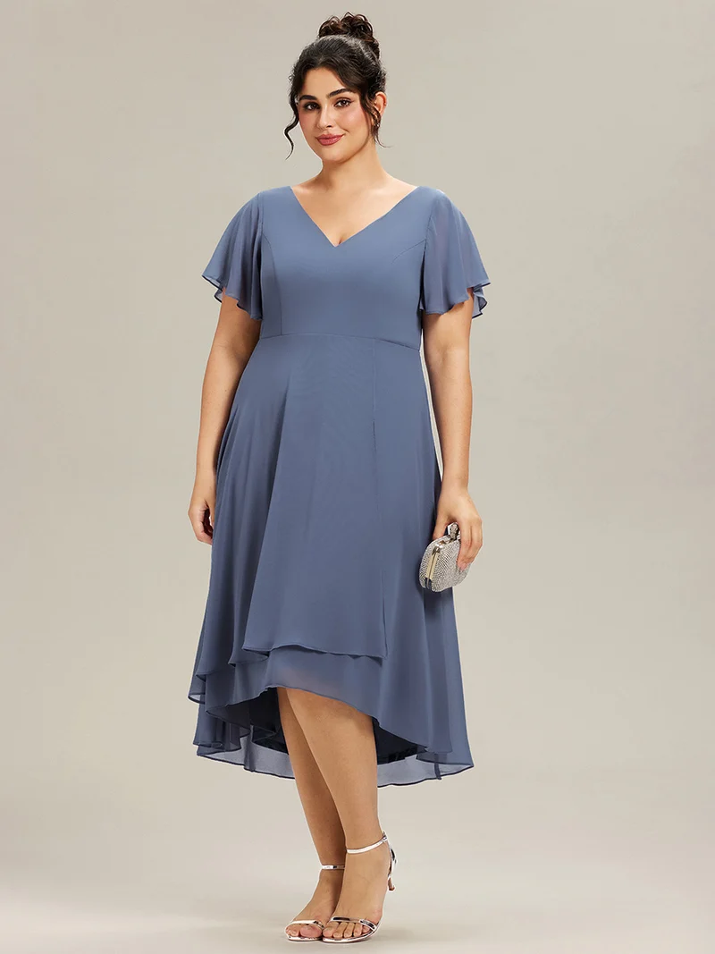 pretty AALIA|Robe d'invité de mariage en mousseline de soie grande taille avec col en V et manches à volants
