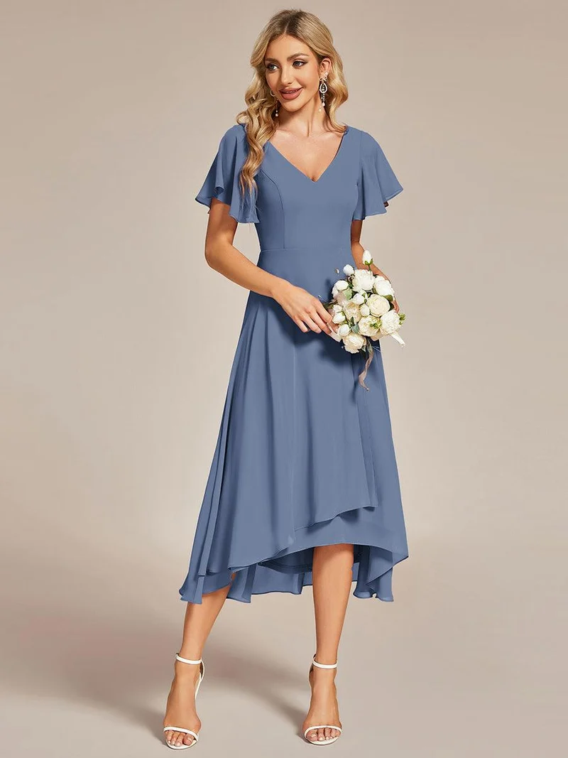 ever AALIA|Robe Mariage Invitée haute-basse mousseline col en V Manches à volants
