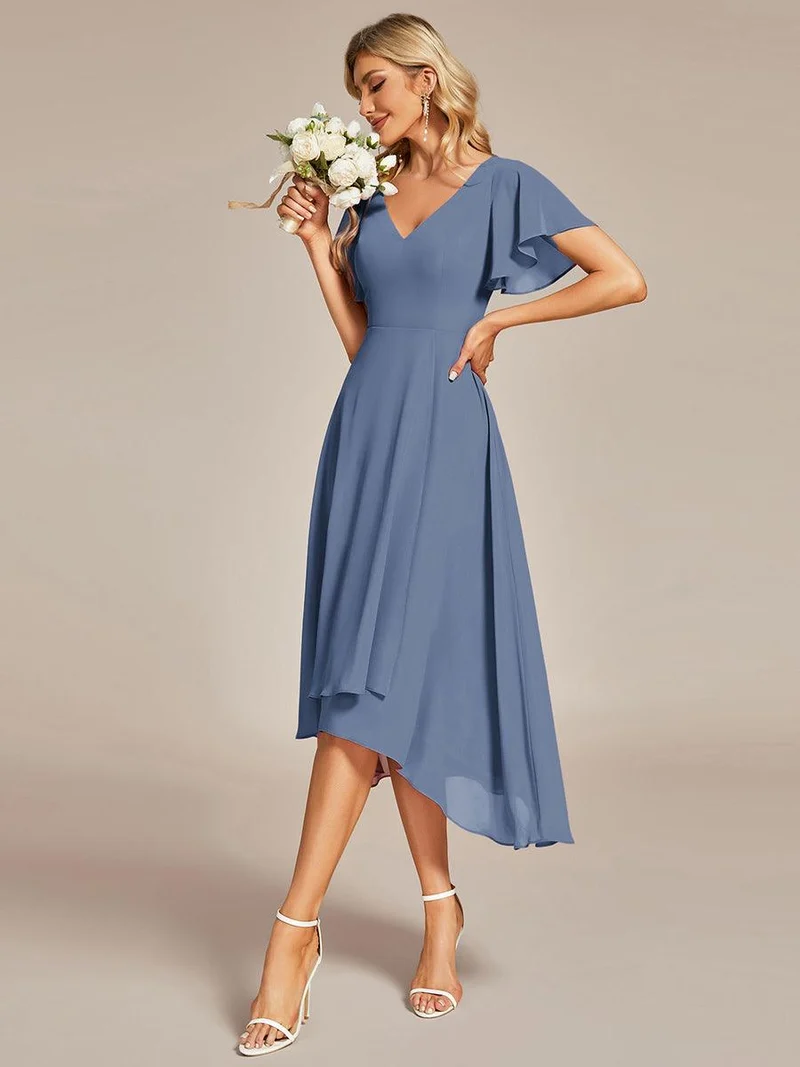 ever AALIA|Robe Mariage Invitée haute-basse mousseline col en V Manches à volants