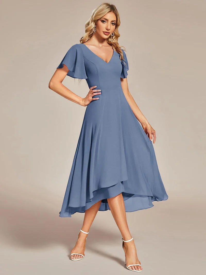ever AALIA|Robe Mariage Invitée haute-basse mousseline col en V Manches à volants