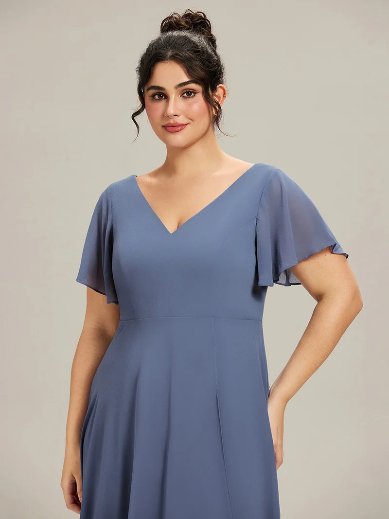 pretty AALIA|Robe d'invité de mariage en mousseline de soie grande taille avec col en V et manches à volants