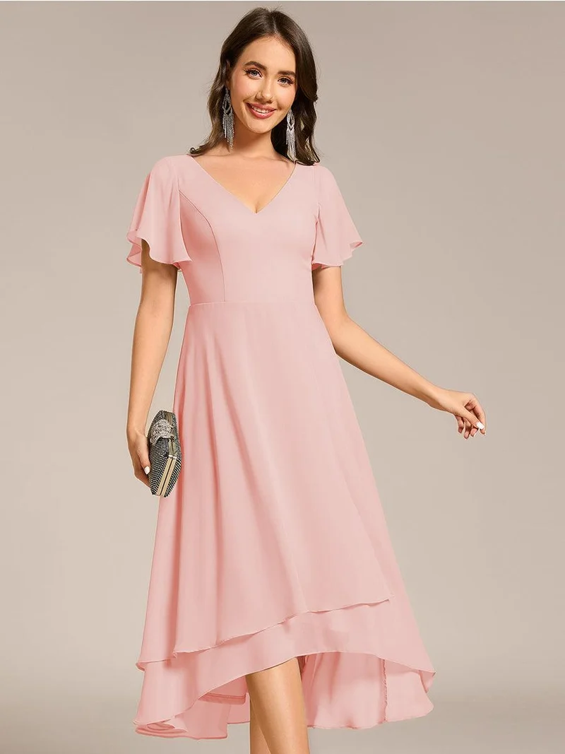 ever AALIA|Robe Mariage Invitée haute-basse mousseline col en V Manches à volants